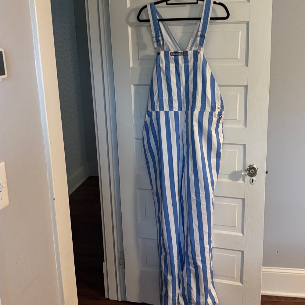 Game Bibs Blue and White Striped Overalls